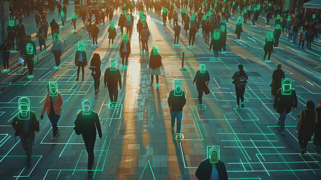 Surveillance Elevated Security Camera Surveillance Footage, Crowd of People Walking on Busy Urban City Streets. CCTV AI Facial Recognition Big Data Analysis Interface Scanning, control people