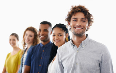 Row, team and portrait with smile, mentor and teamwork for creative people. Diversity, group and professional staff with confidence, development for internship and against white studio background