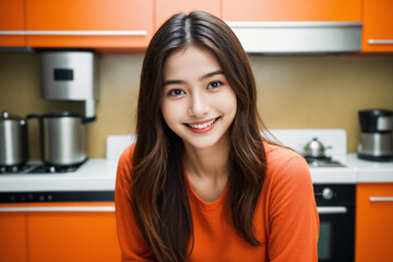 Fototapeta na wymiar キッチンで前向きに微笑む美しいロングヘアの日本人女性