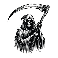 skeleton grim reaper with scythe black and white vector illustration