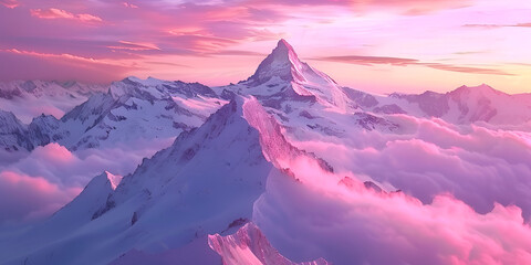 3d illustration of fantastic landscape peaks mountain at sunset Mountain peaks in winter snow covered mountains landscape.AI Generative - obrazy, fototapety, plakaty