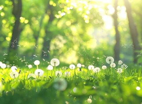 Dandelions on a green field with sunlight shining stock photo.