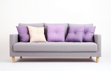 Purple sofa with pillows on white background. 3d render