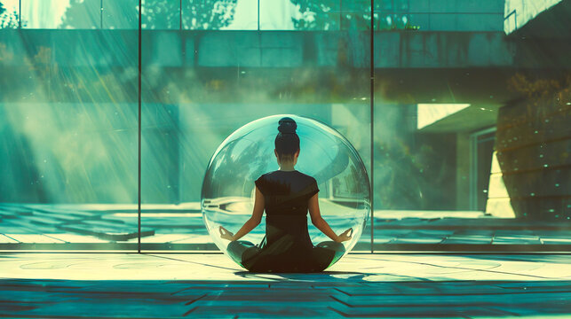 Woman meditating in a transparent bubble - calmness and wellbeing concept image