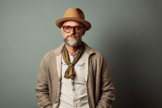 Studio portrait of a stylish senior man in a hat and glasses.