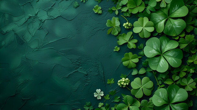 St Patricks day illustration clover leafs on green background, generative ai