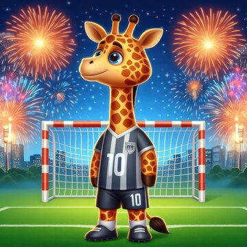 create an image of an animal wearing a jersey with the 10. have them standing in front of a soccer goal with fireworks going off in the background