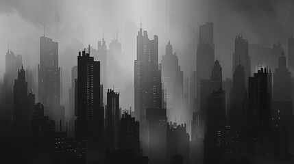 Monochrome city skyline silhouette background in shades of gray for urban-themed designs.