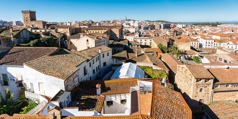 Aerial view over the rooftops of the medieval world heritage city of Caceres.