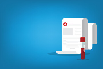 Blood analysis. Blood test. Medical research report with medical sample in a glass tube.	