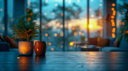 Green plant in vase on wooden table with bokeh light background