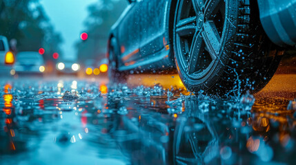 A car rides in a puddle on a rainy day. Drops of water on the asphalt