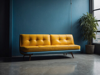 Yellow Leather Midcentury Daybed Against Blue Cement Wall