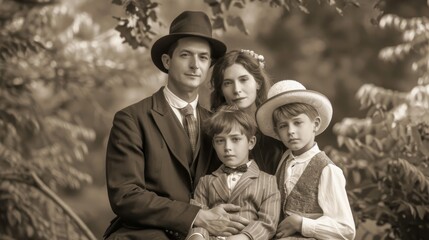 Sepia-toned portrait of a family dressed in historical clothing, evoking the charm of a bygone era...