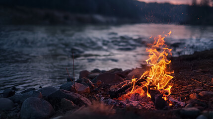 Campfire by a riverside at dusk.