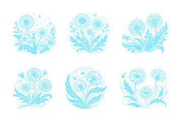 vector set of dandelions flower line art style - blue (artwork 2)