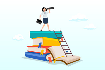 Businesswoman climb up ladder on books stack for good vision, business skills for career opportunity, knowledge or education for future job, challenge and personal improvement, reading list (Vector)