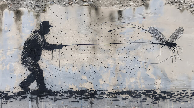 Graffiti of a man fishing for a dragonfly.