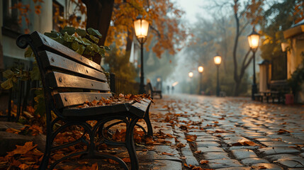 Autumn alley with benches and fallen leaves