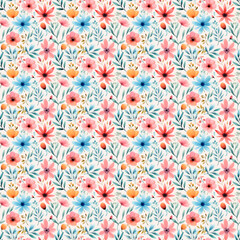 Fototapeta na wymiar White watercolor pattern with colorful flowers. A versatile pattern for making wallpapers, fabrics, wrapping papers, and more