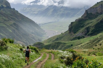 Runner running in a valley in nature.