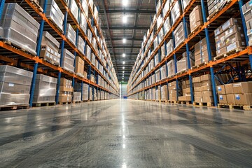 Fototapeta premium Commercial warehouse. Huge distribution warehouse with high shelves.