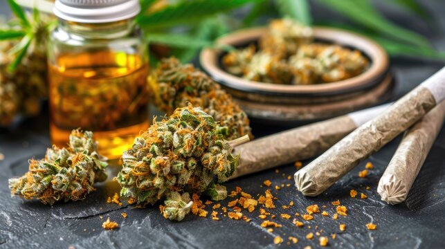 Marijuana buds with marijuana joints and cannabis oil.