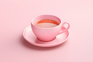 Close-up of a pink mug on a saucer with tea,  generated by AI. 3D illustration
