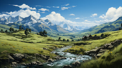 Majestic Mountain Views: Exploring the Alpine Landscape and Scenic Valleys of the High Alps, A Summer Hiking Adventure in Nature's Majesty, generative AI