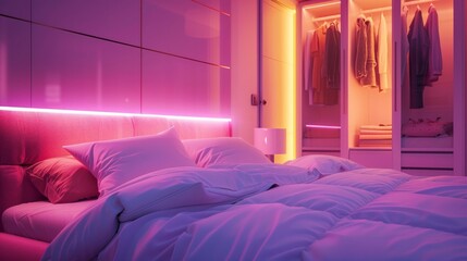 This design request focuses on a pink-themed bedroom with illuminated elements strategically placed on the headboard wall and inside wardrobes
