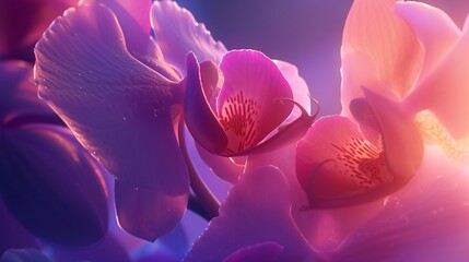 Blossoming Orchids: Macro shot reveals orchids unfurling their petals in a gentle breeze, calming hues. - obrazy, fototapety, plakaty