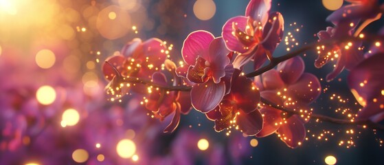Blurred city lights illuminate elegant orchids, a serene scene amidst urban chaos.