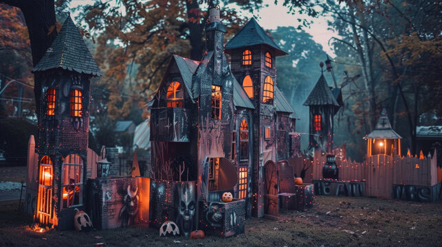 A DIY haunted house made from cardboard and paint set up in a front yard to scare trickortreaters.