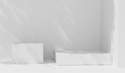 3d render podium composition with shadow on wall. pedestal used for presentation business, studio background products display scene with sunlight. stand to show cosmetic products. backdrop, mockup.
