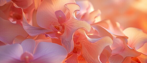 Extreme close-up reveals orchids bathed in the soft glow of dawn, their delicate forms swaying gently in the morning breeze.