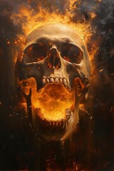 Skull with glowing eyes and flame in its mouth.