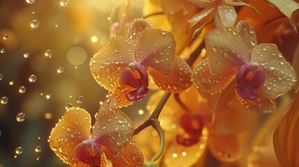 Orchid Cascade: Macro shot captures autumn orchids showered by golden leaves, calming waves.
