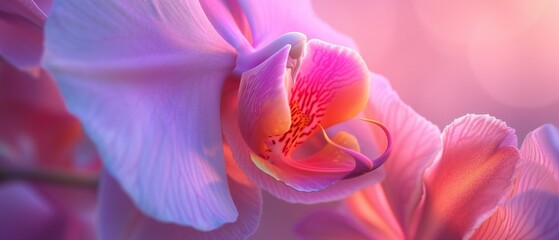 Orchid petals blaze with warmth in an extreme macro shot, accented by touches of cool hues for a dynamic visual effect.