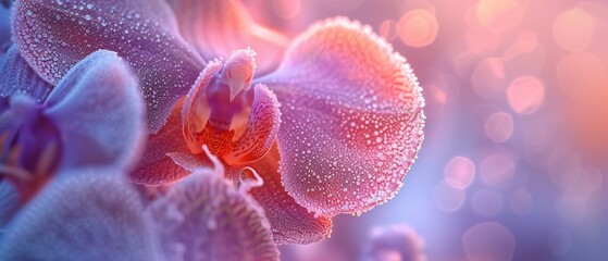 Orchid veins weave a frosty tapestry in extreme macro, punctuated by bursts of warmth that create a...