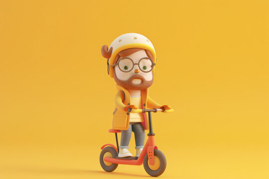 3D rendering style illustration of a cool person riding an electric scooter