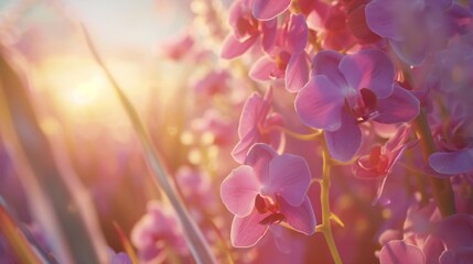 Petal Harmony: Macro shot shows orchids basking in the warmth of a spring morning, gentle waves.