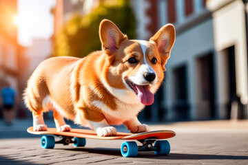 Happy welsh corgi breed dog riding on the orange skateboard in the city street.