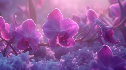 Whispering Orchids: Macro shot captures misty morning orchids bathed in soft light, soothing...