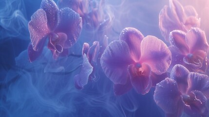 Whispering Orchids: Macro shot captures misty morning orchids bathed in soft light, soothing...