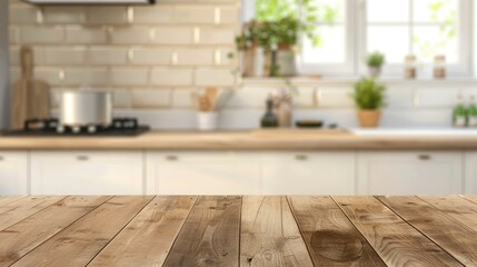 Fototapeta na wymiar Empty beautiful wood table top counter and blur bokeh modern kitchen interior background in clean and bright,Banner, Ready for product montage - generative ai