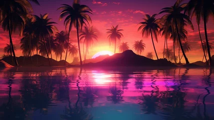 Poster An enchanting pop landscape design with neon-lit palm trees swaying in a gentle breeze © Muhammad