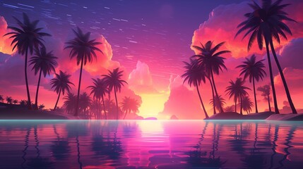 Fototapeta na wymiar An enchanting pop landscape design with neon-lit palm trees swaying in a gentle breeze