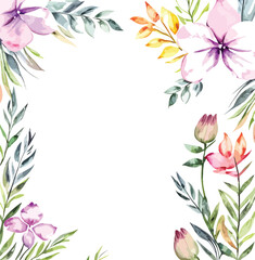 Obraz na płótnie Canvas Colorful watercolor frame of flowers decoration for wedding, anniversary, invitation card design illustration.