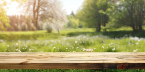 Wood table and green grass blurred background. Spring concept, sunny day in nature.