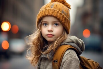 Portrait of a cute little girl in a warm hat and coat.